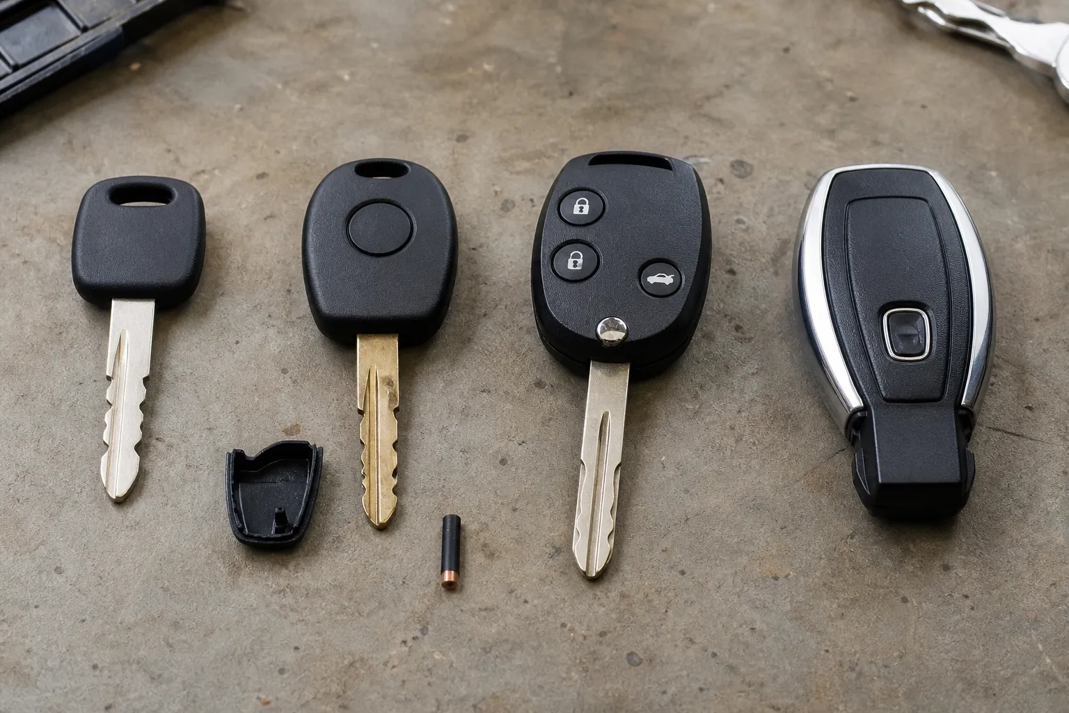 A metal blade key, transponder key, remote-head key, and proximity fob arranged on a workbench, with a small chip and shell part nearby.