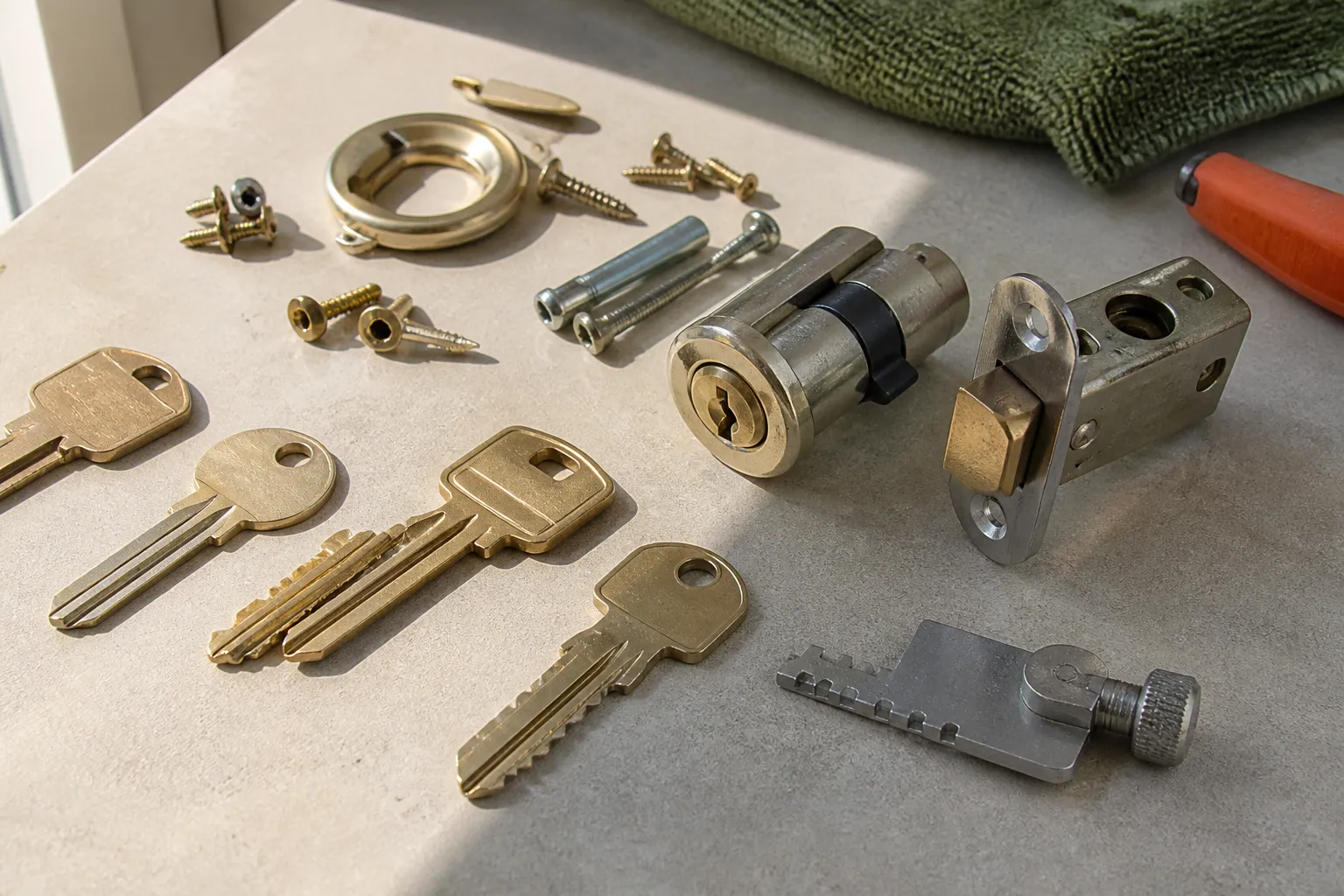 Brass key blanks, a lock cylinder, screws, and replacement hardware arranged on a clean workbench.