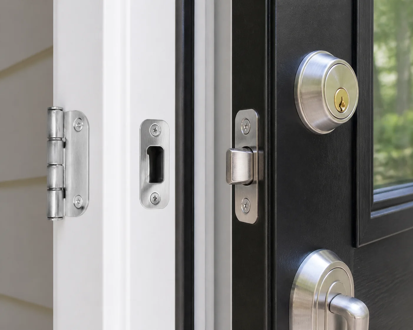 A residential hinge, weather seal, deadbolt edge, and strike plate checked in bright daylight.
