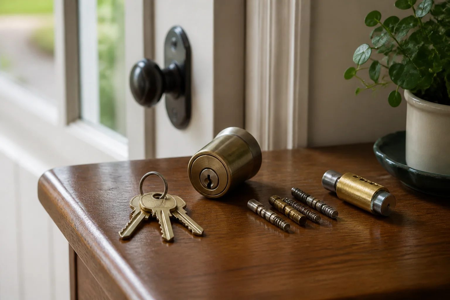 A quiet entry table with a key ring, deadbolt cylinder, and rekeyed lock parts for restoring key control.