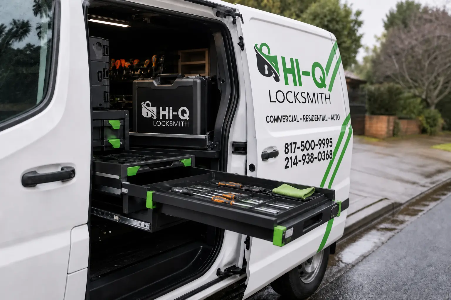 An open service van with accurate Hi-Q branding visible on the van and hard case, plus organized drawers, trays, and tools staged at the curb before a visit.