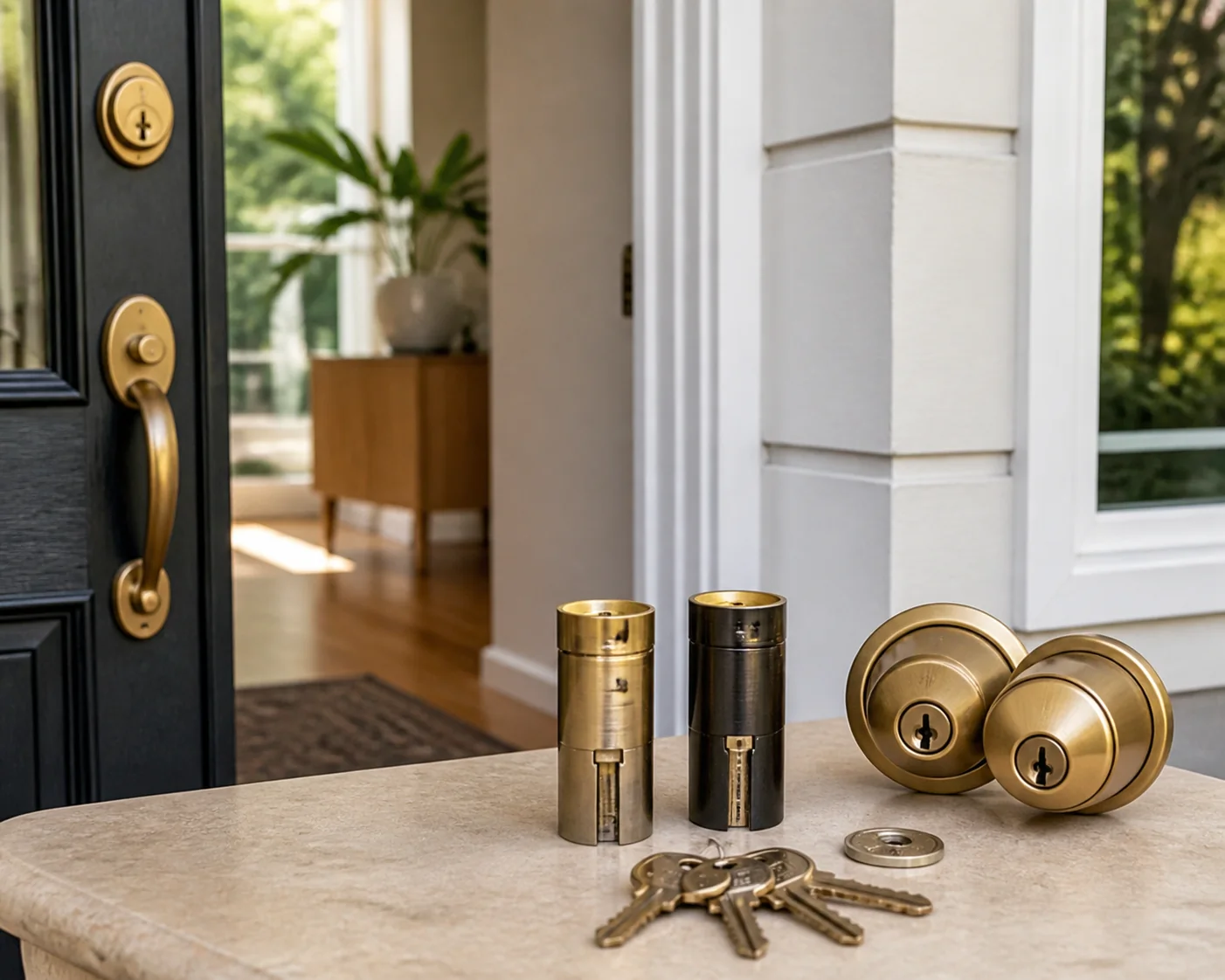 A clean front-entry table with lock cylinders, matching keys, and rekeyed parts laid out for a move-in decision.