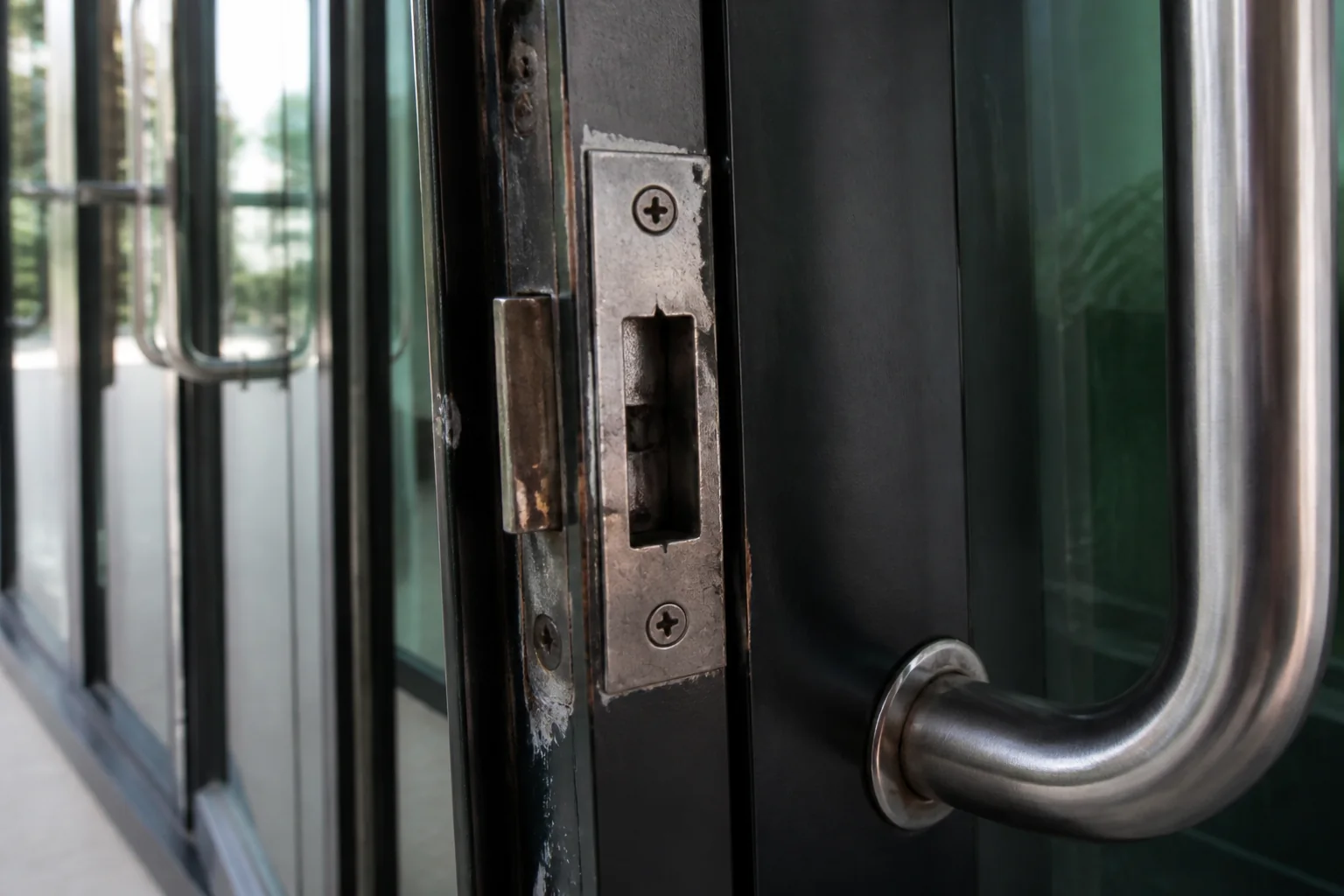 A close commercial door latch and strike area showing visible misalignment and wear on a metal entry door.