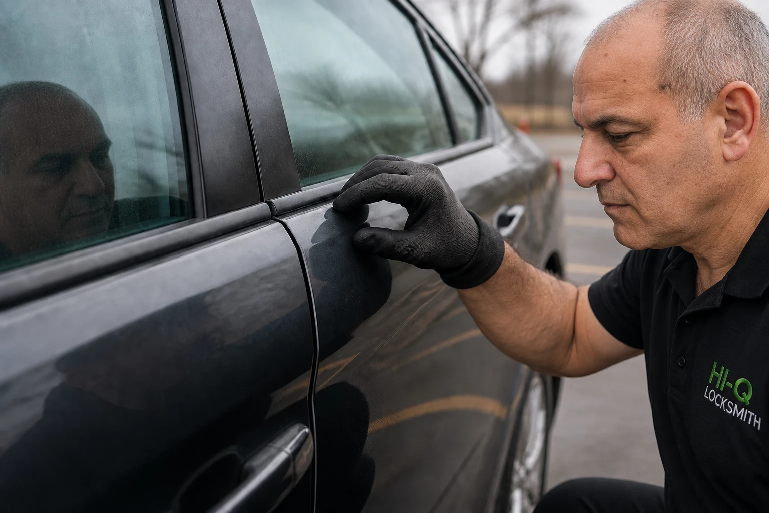 A technician in a black cap with crisp white Hi-Q embroidery carefully checking a parked car door seam and window edge before any entry attempt.
