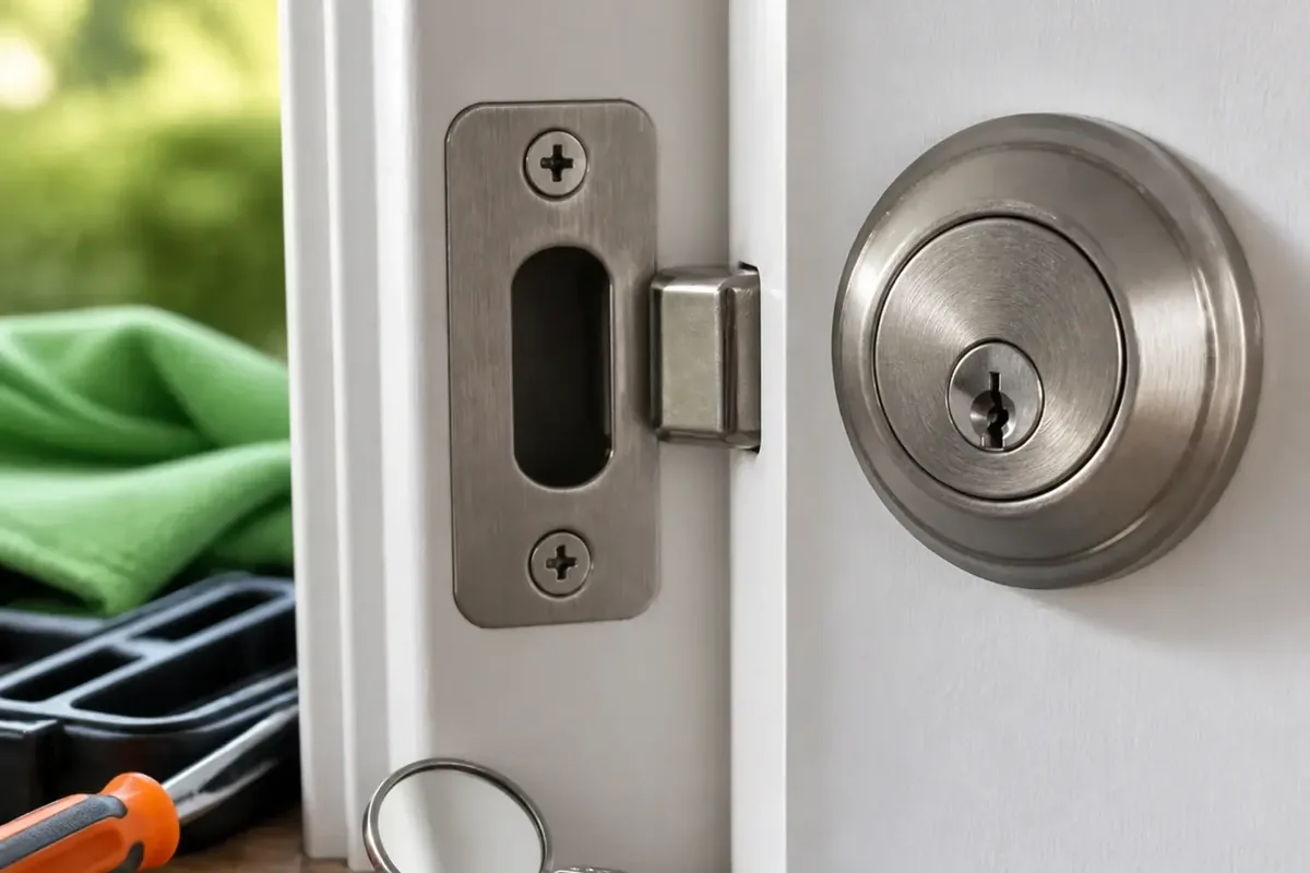 Deadbolt hardware on a clean surface with a soft outdoor feel.