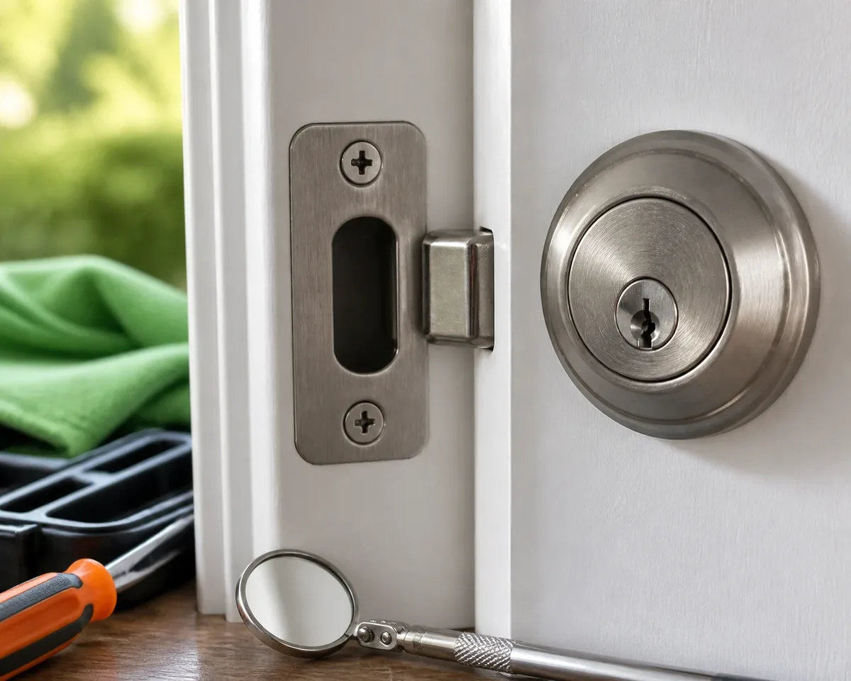 Close-up of a residential deadbolt and latch with an inspection tool nearby