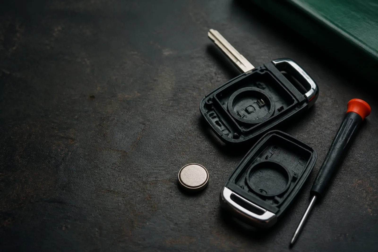 Empty automotive key shell beside a coin cell and precision screwdriver.