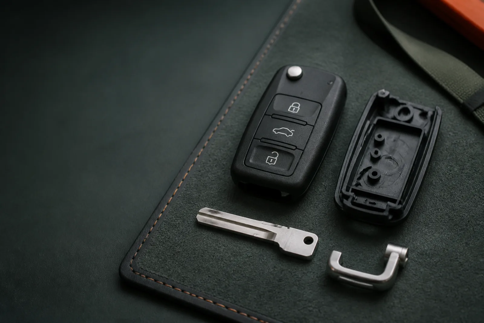 Automotive key buttons, blade, and spare key shown side by side.