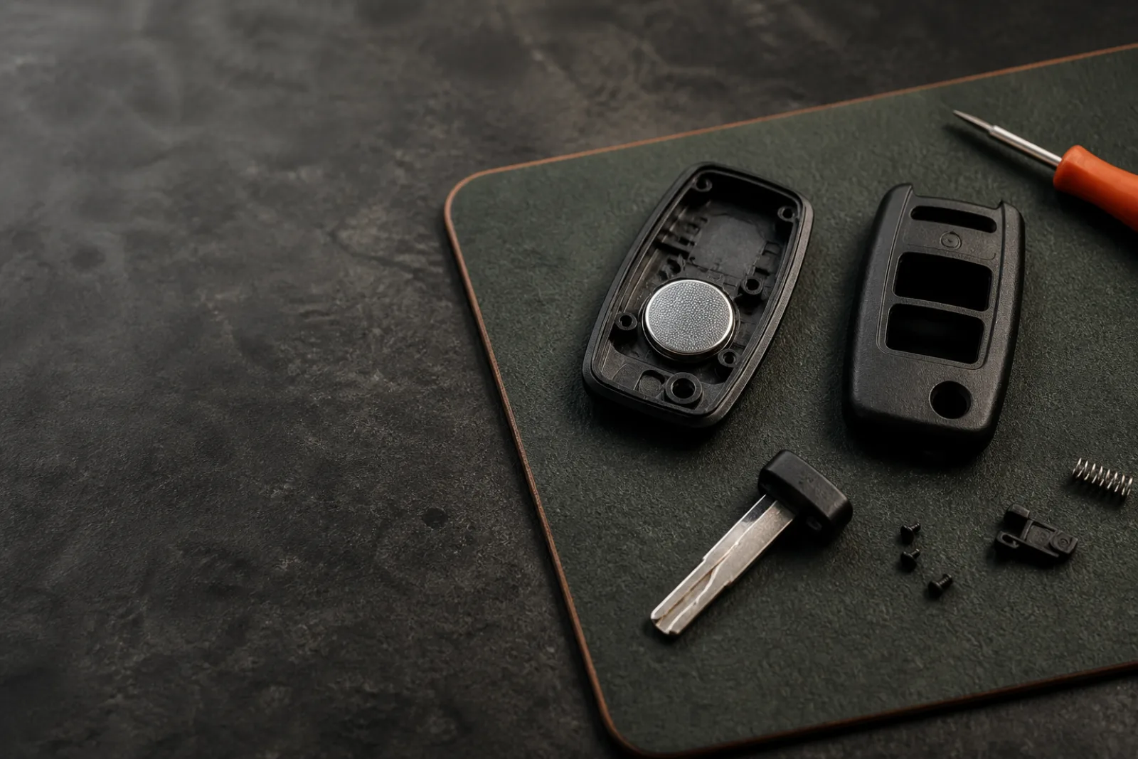 Automotive key shell, coin battery, metal blade, and small parts arranged safely on a work mat.