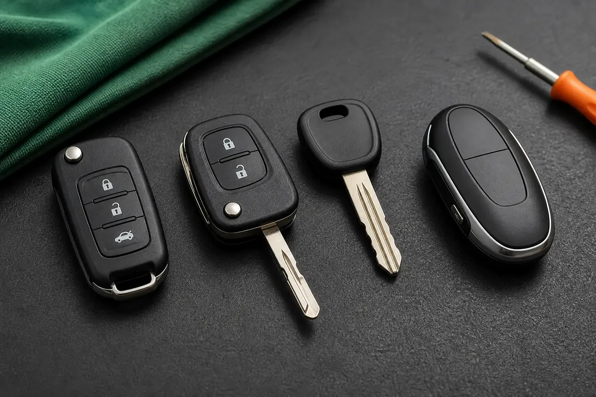 Automotive keys arranged on a locksmith workbench for comparison