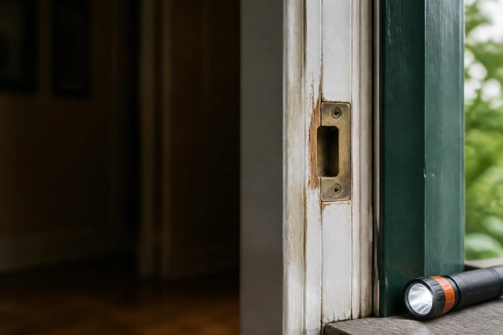 Residential door jamb and strike area with normal repair wear and an inspection flashlight.