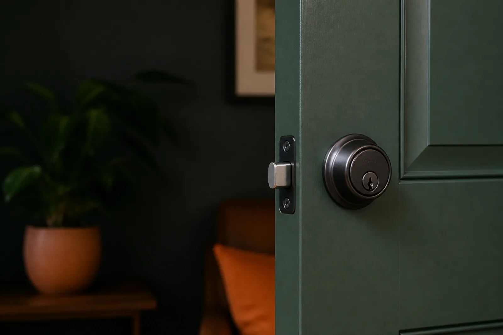 Repaired residential deadbolt and strike shown aligned on an open door.