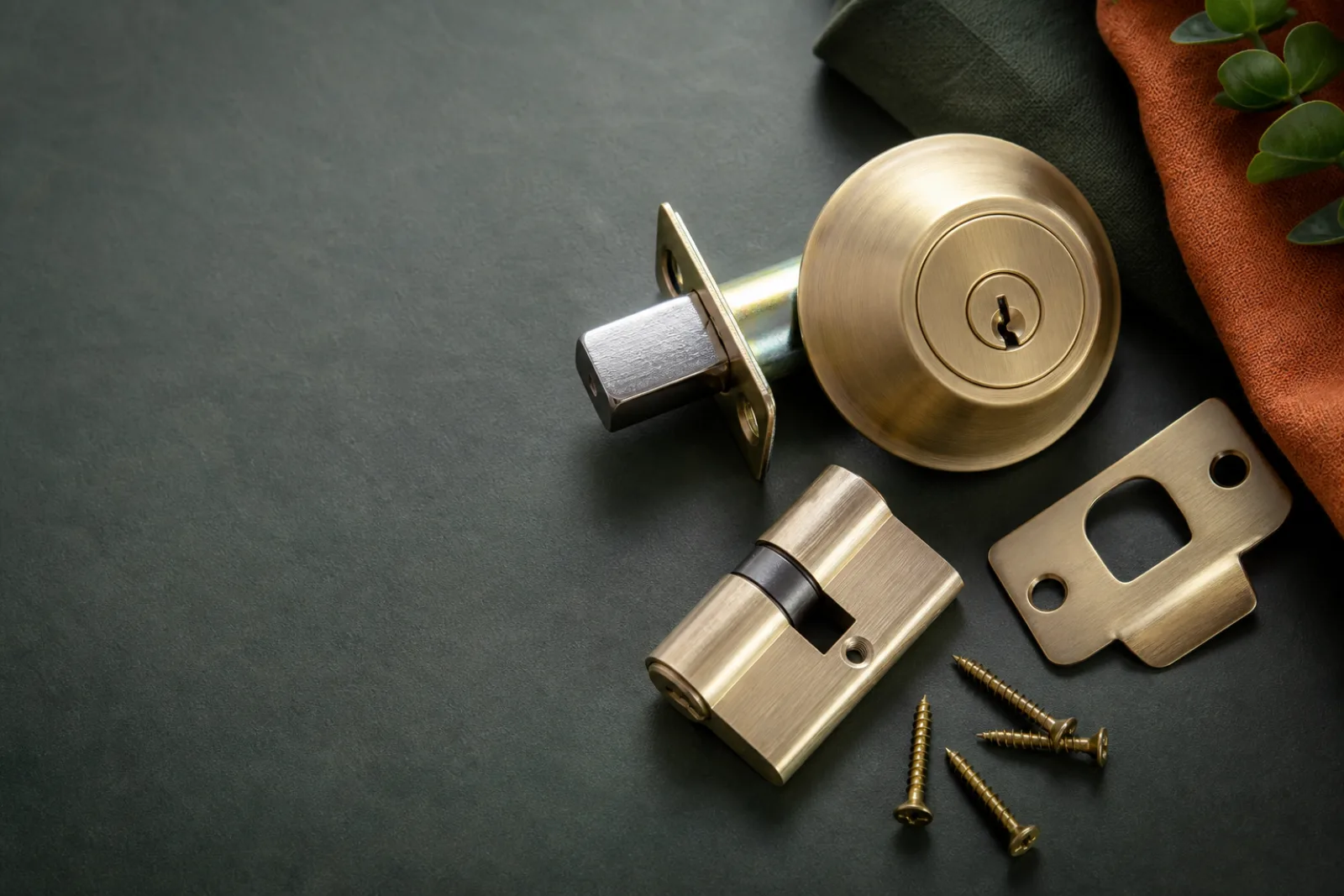 Cylinder, strike plate, new screws, and replacement deadbolt arranged for comparison.