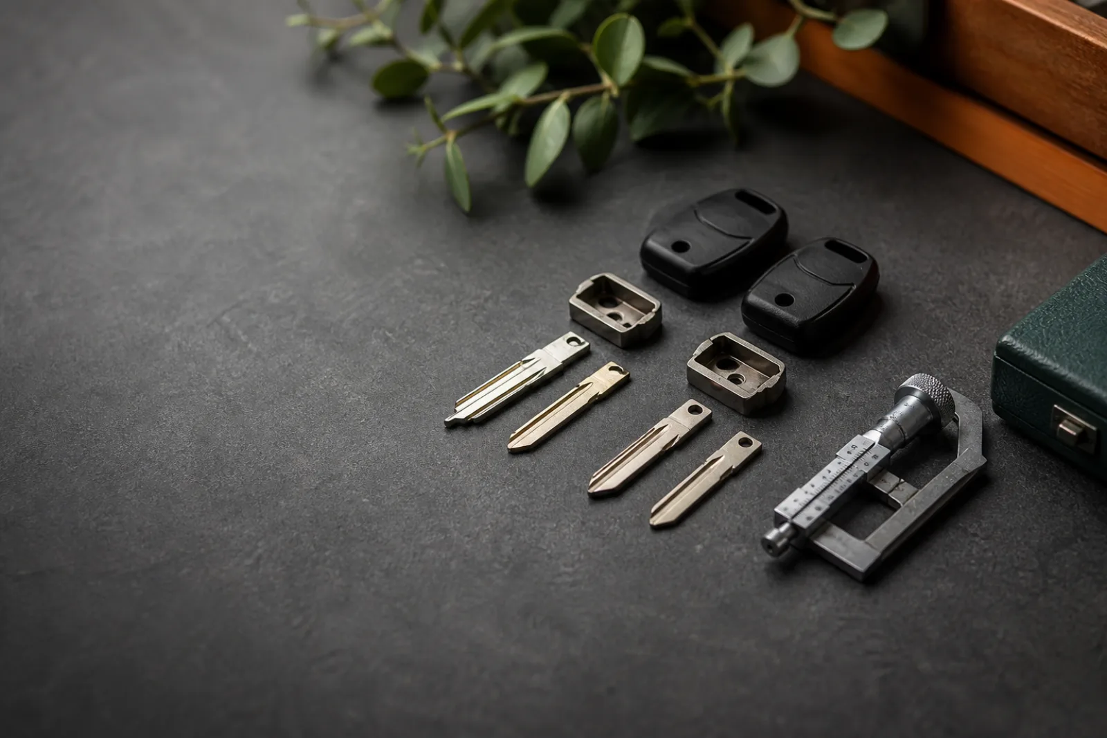 Automotive key blades, shells, and precision gauge arranged in two groups.
