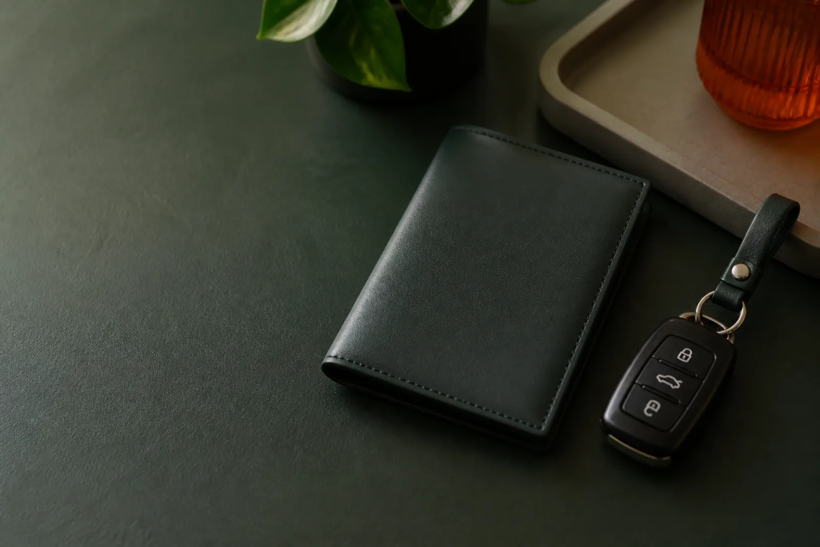 Automotive key beside a blank document wallet and neutral key tray.