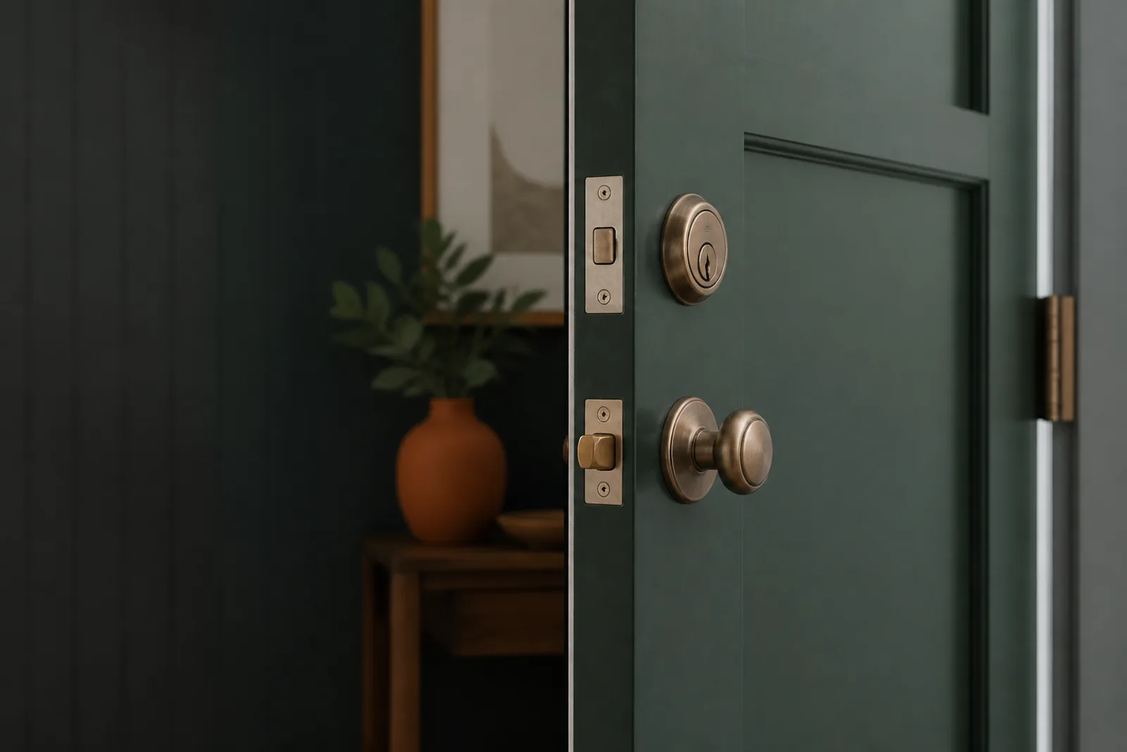 Residential door edge, latch, deadbolt, and hinge visible in one inspection view.