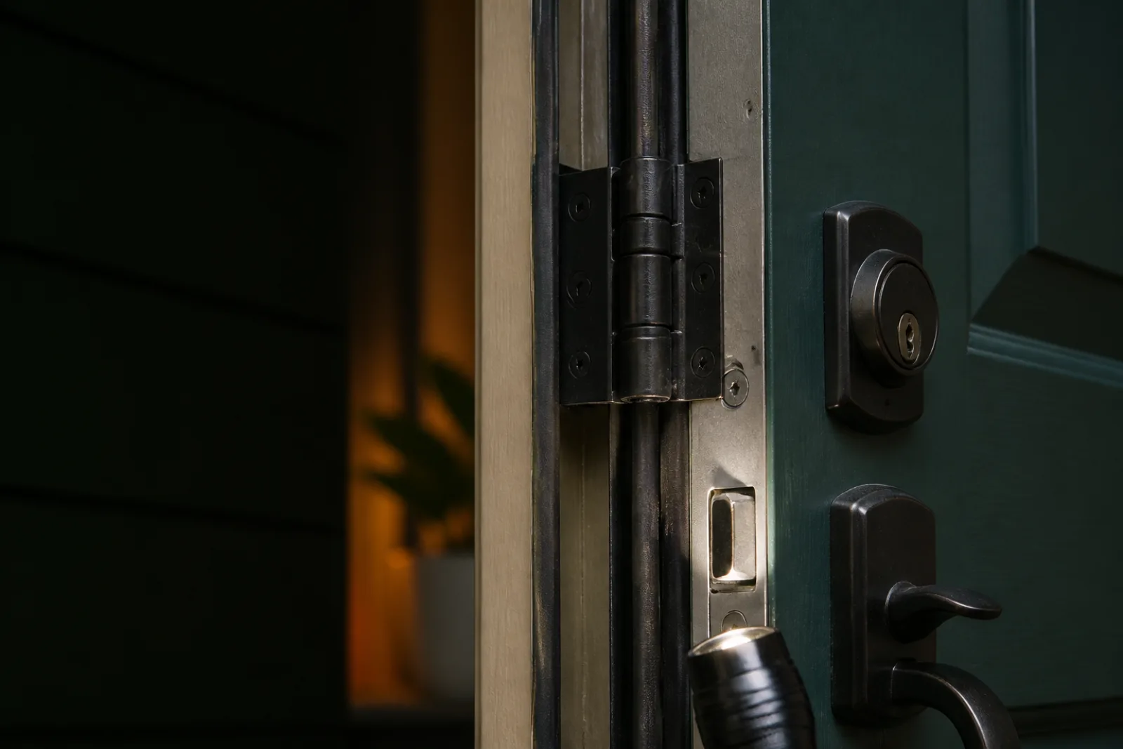 Residential door hinge, weather seal, and lock-side edge with inspection light.