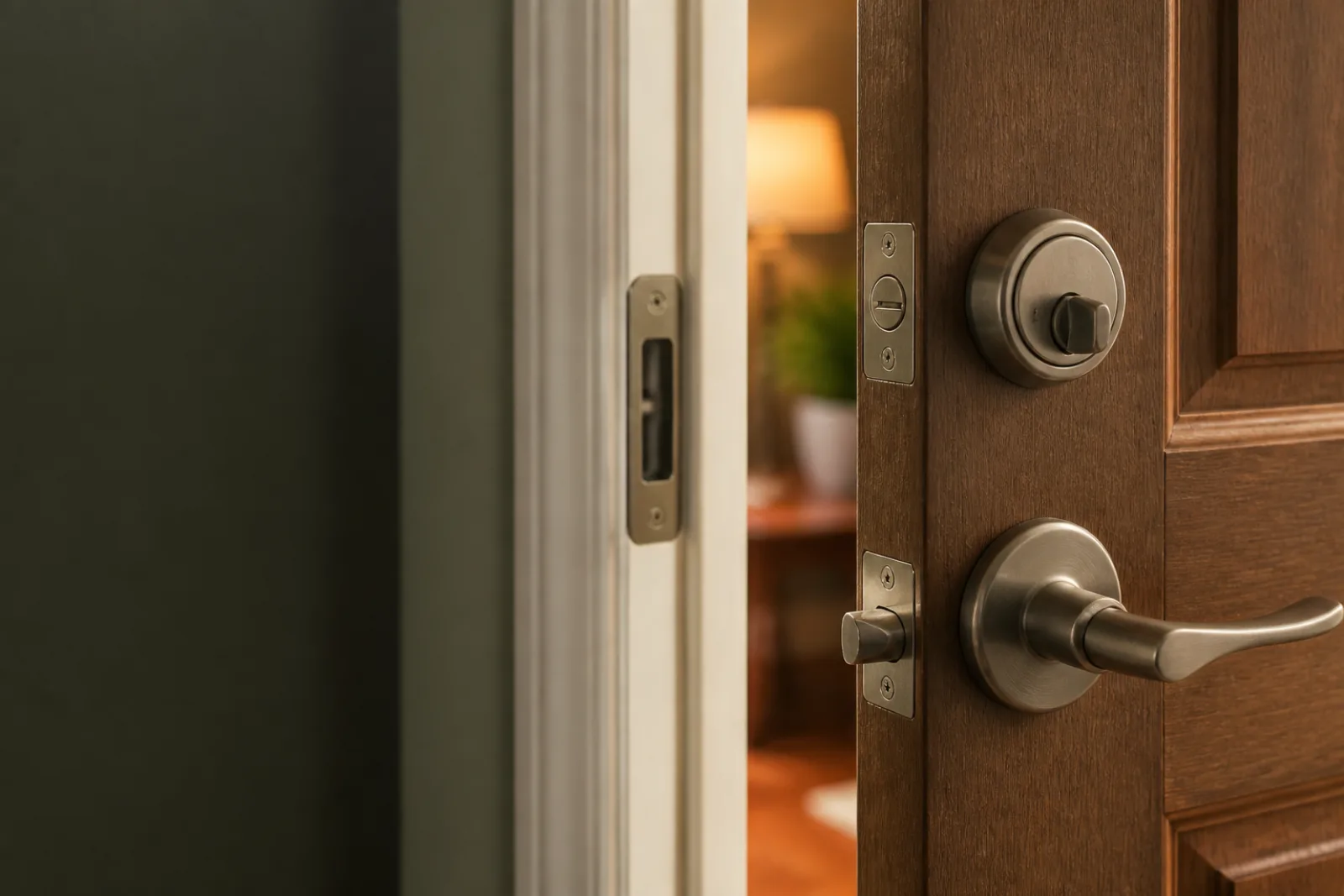 Open residential door edge showing deadbolt and latch beside the strike area.