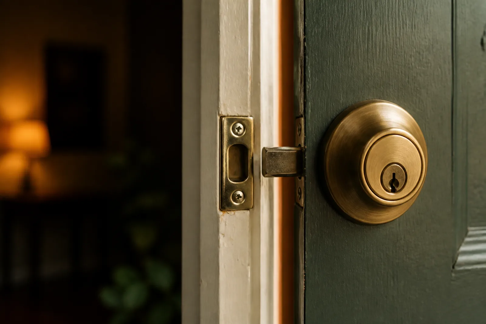 Residential deadbolt approaching a slightly misaligned strike plate in clear detail.