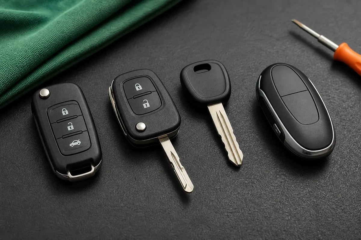 Automotive keys compared beside a vehicle-service work surface