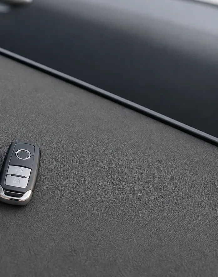 Aftermarket key fob remote and shell displayed next to a car door, unbranded
