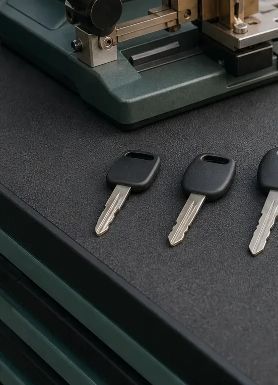 Mechanical automotive key near an ignition cylinder in a work detail