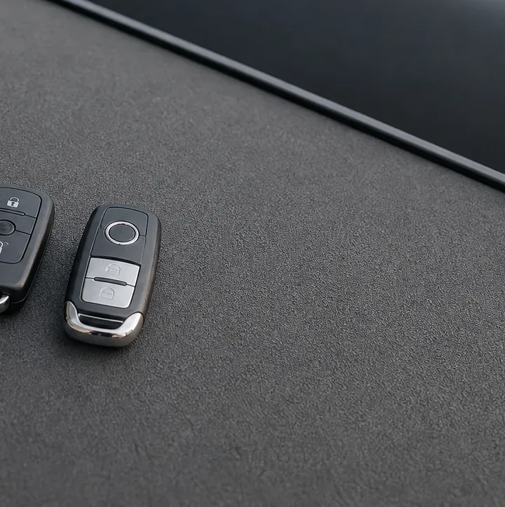 Technician holding a remote key fob beside a vehicle door
