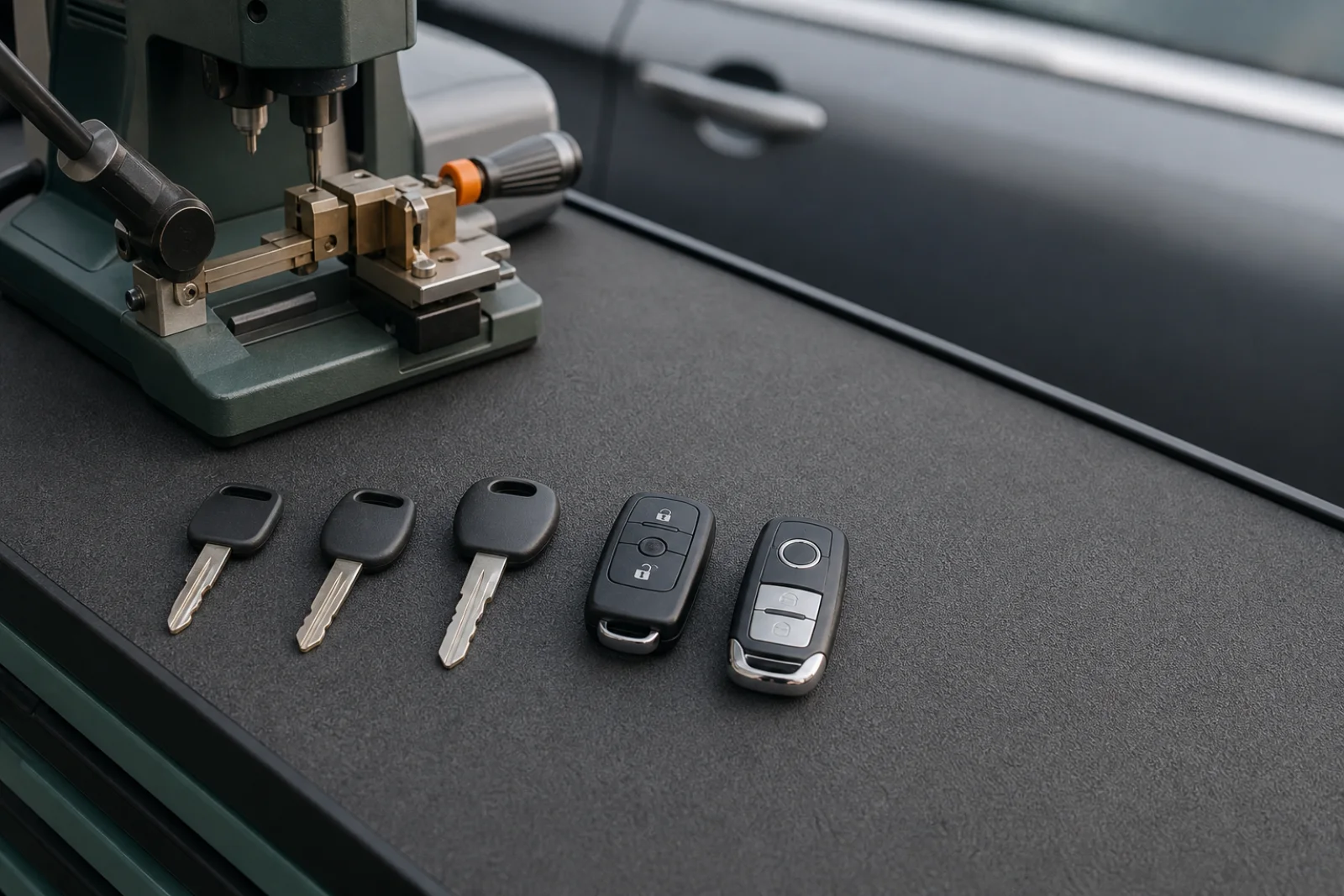 Illustrative automotive key types on a work surface