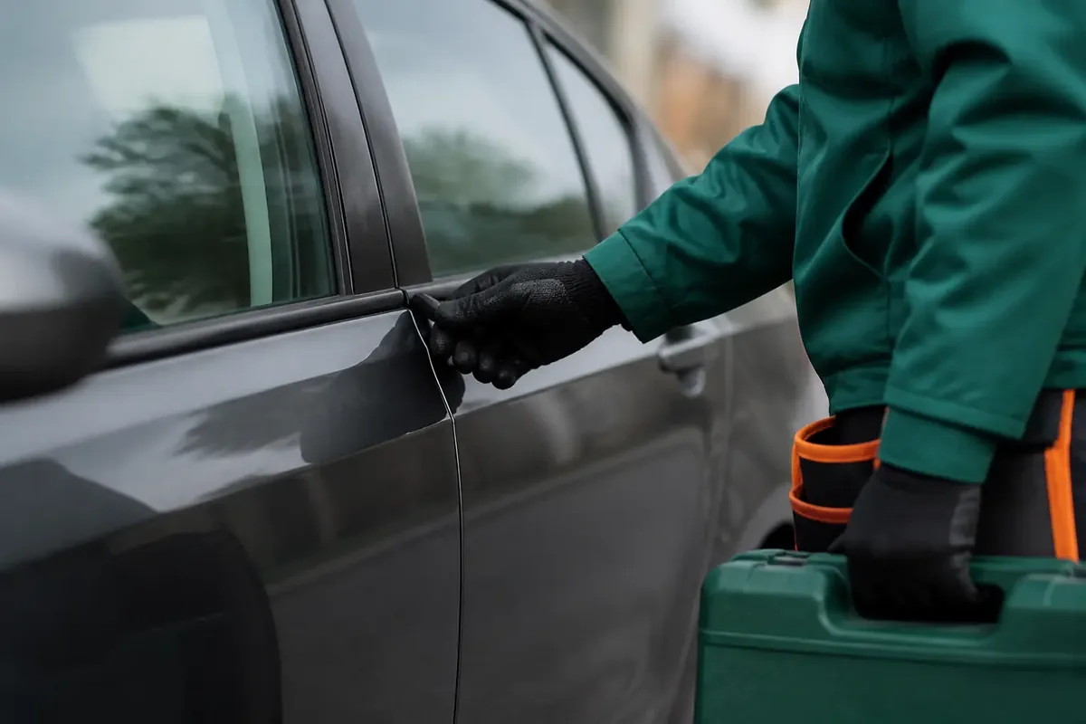 Gloved hand at a parked car door seam and window edge during a careful roadside lockout assessment.