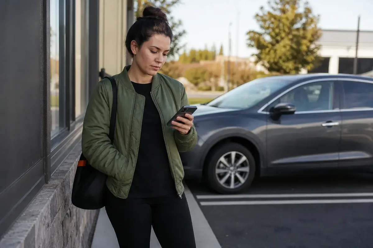 Person waiting safely beside a parked car while checking a phone in a shaded public lot.