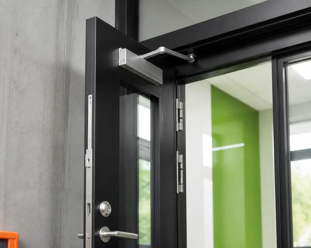 Commercial door closer, hinge line, and latch hardware in an installation detail