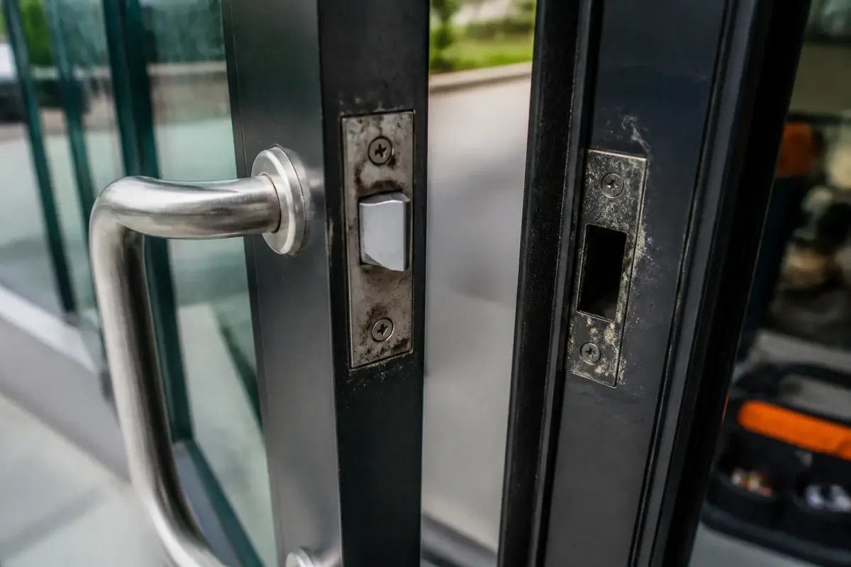 Commercial door latch and strike area showing misalignment and visible wear on a high-use entry.