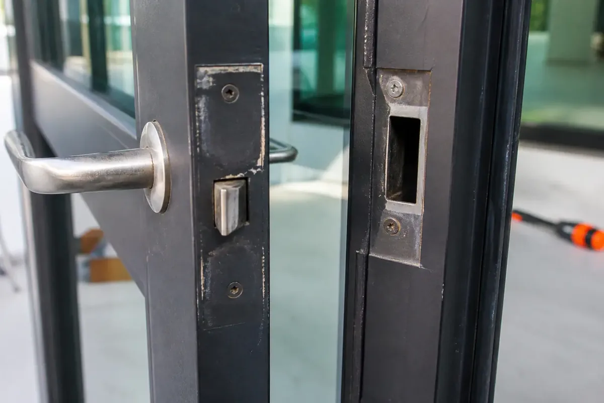 Commercial door strike showing wear and alignment detail