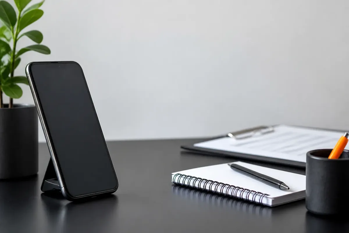 A minimal contact desk with a smartphone, notebook, and dispatch-style workspace items.