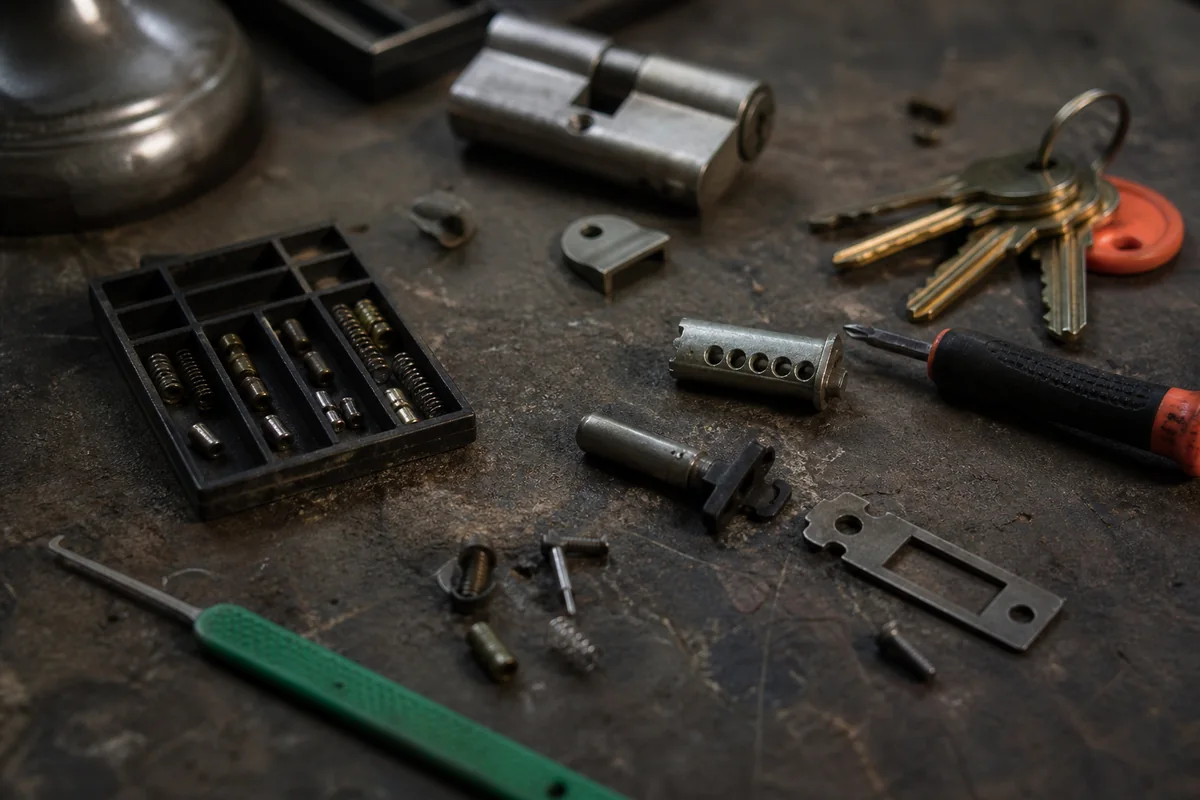 Lock hardware inspected before a general locksmith estimate is confirmed.