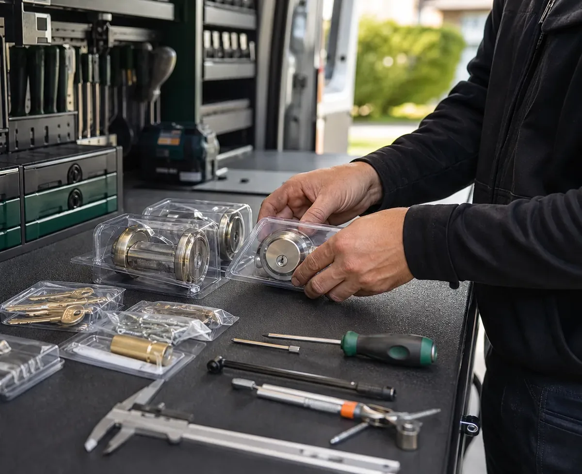 Locksmith inspecting a residential lock cylinder with tools laid out to assess the job before quoting