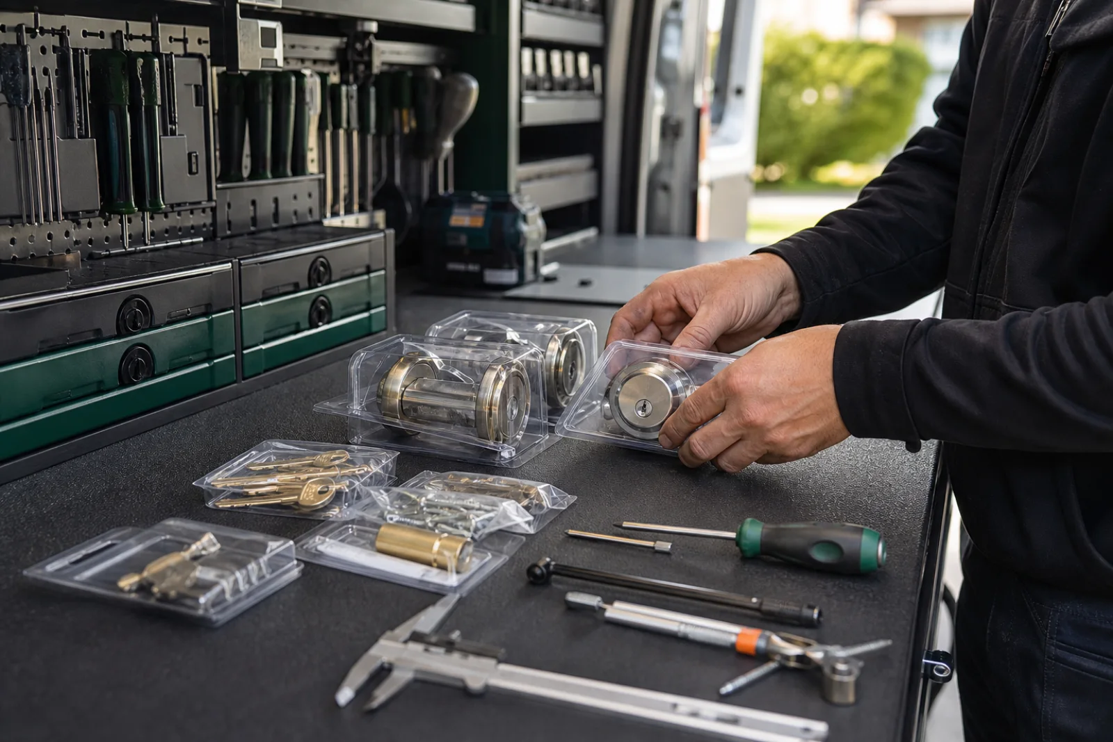 Illustrative locksmith hardware prepared on a mobile workbench