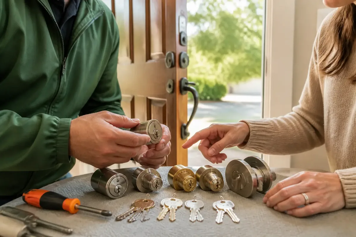 New homeowner and technician reviewing exterior lock cylinders and matching keys at a front entry.
