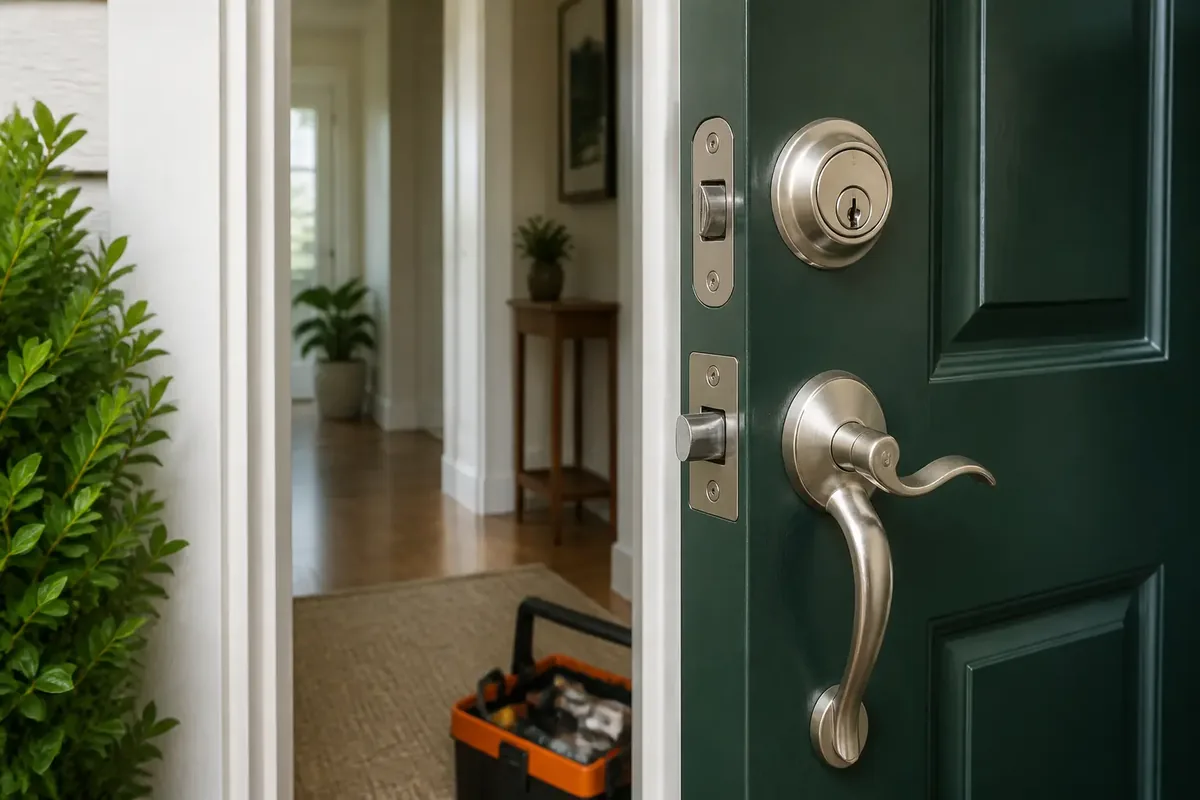 Finished residential front door with deadbolt and lockset detail