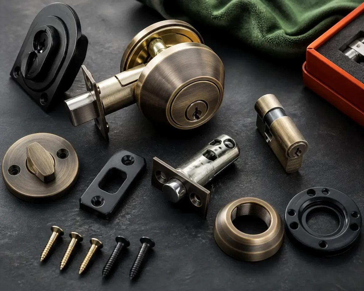 Residential lock hardware arranged on a clean mobile work surface