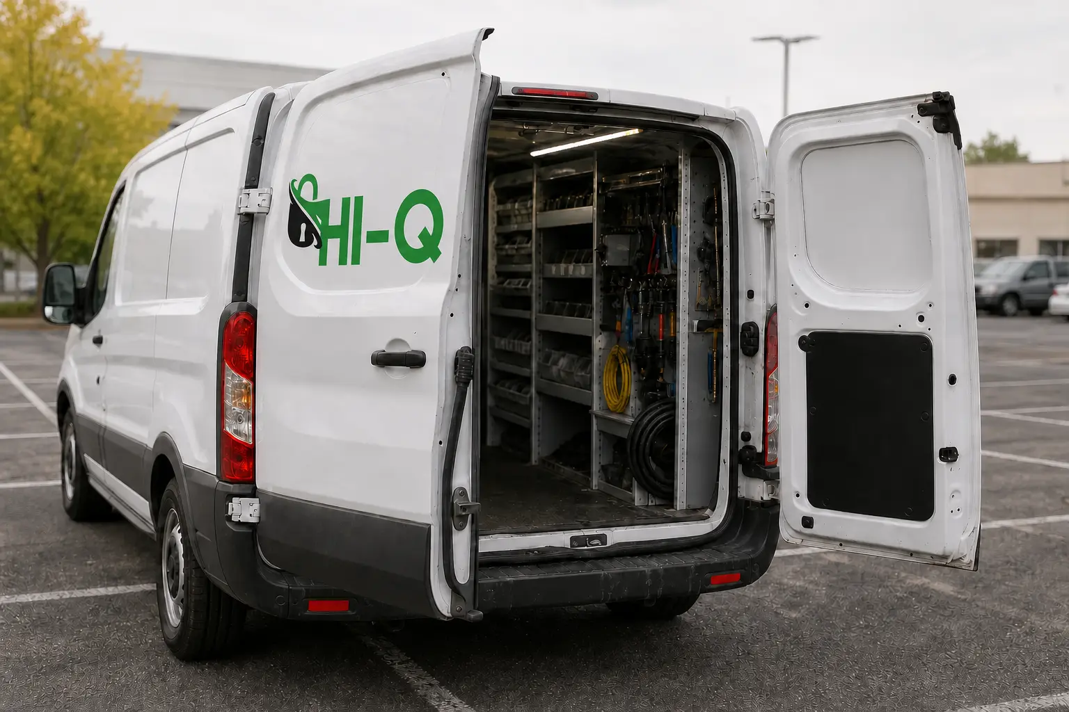 Open Hi-Q mobile locksmith van showing the authentic left half of the rear-door wrap and organized service equipment.