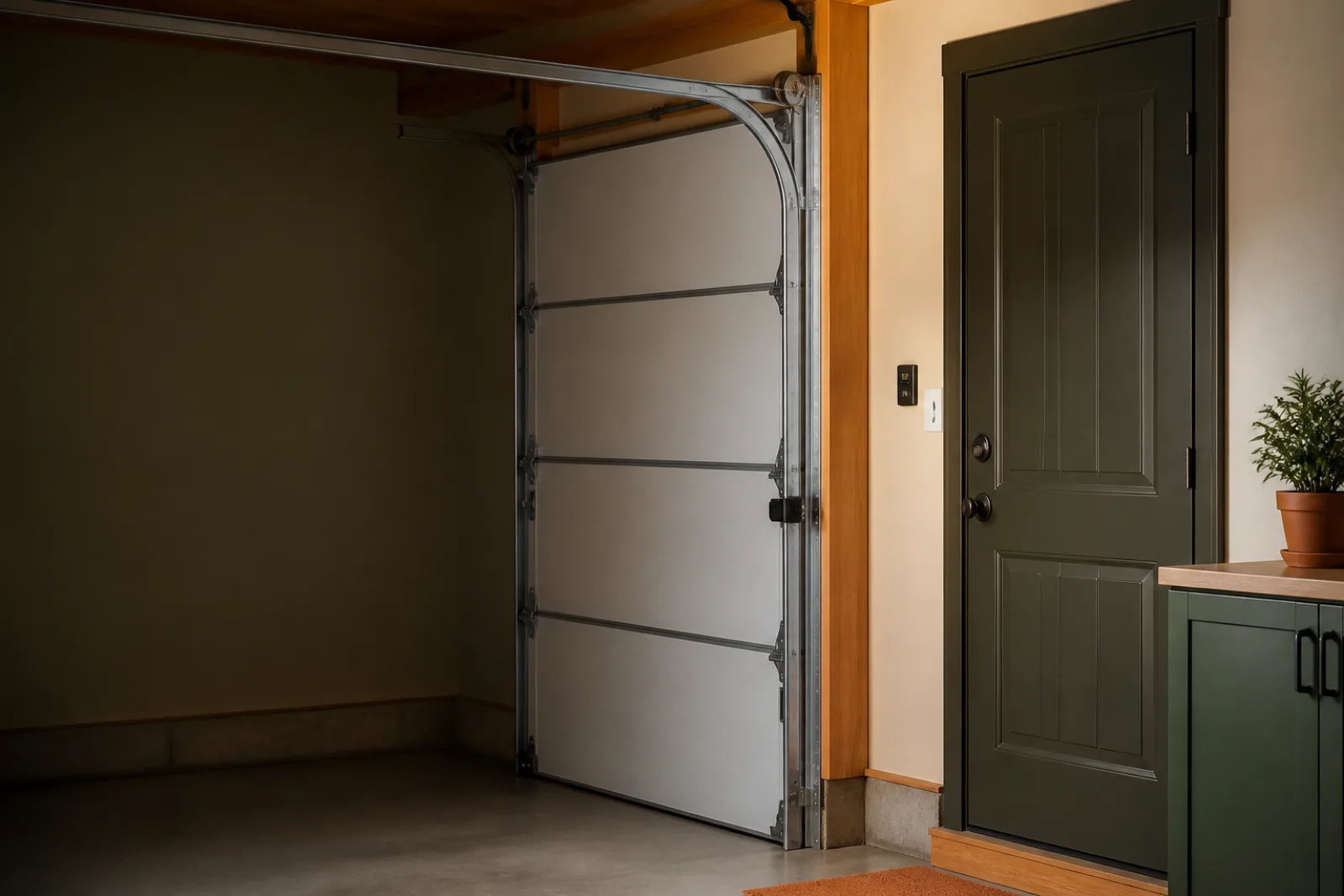 Residential garage showing overhead door hardware and a separate interior entry door.