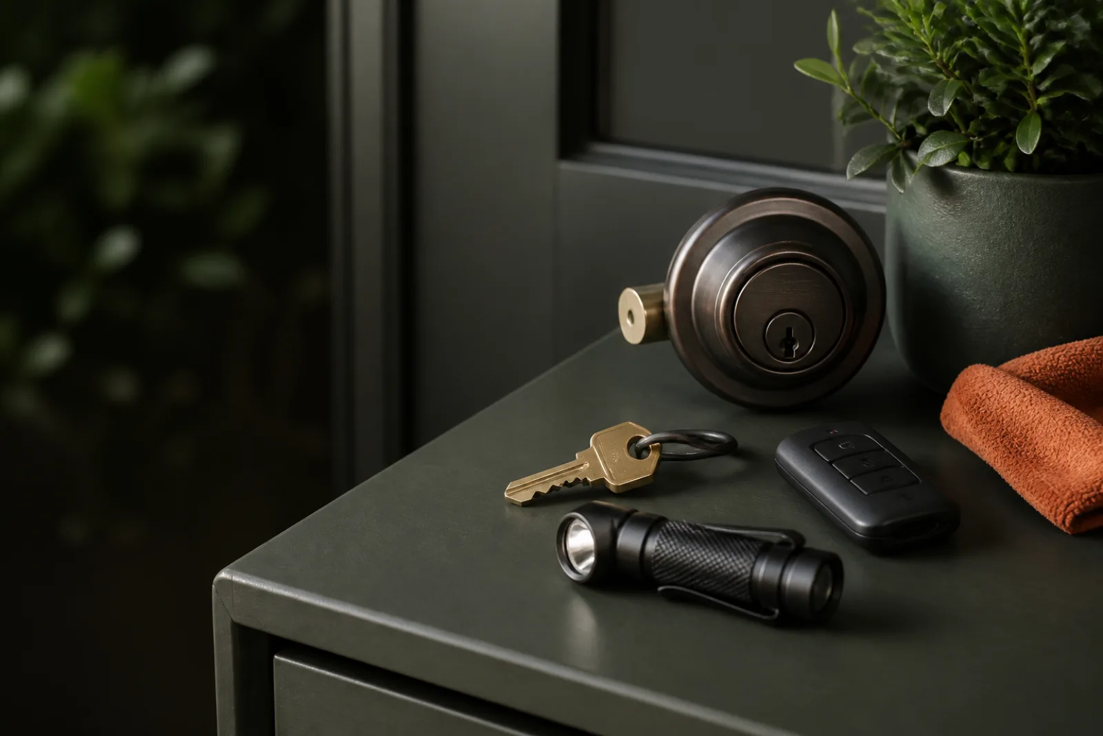 Side-door deadbolt, gate key, garage remote, and flashlight arranged for a monthly check.