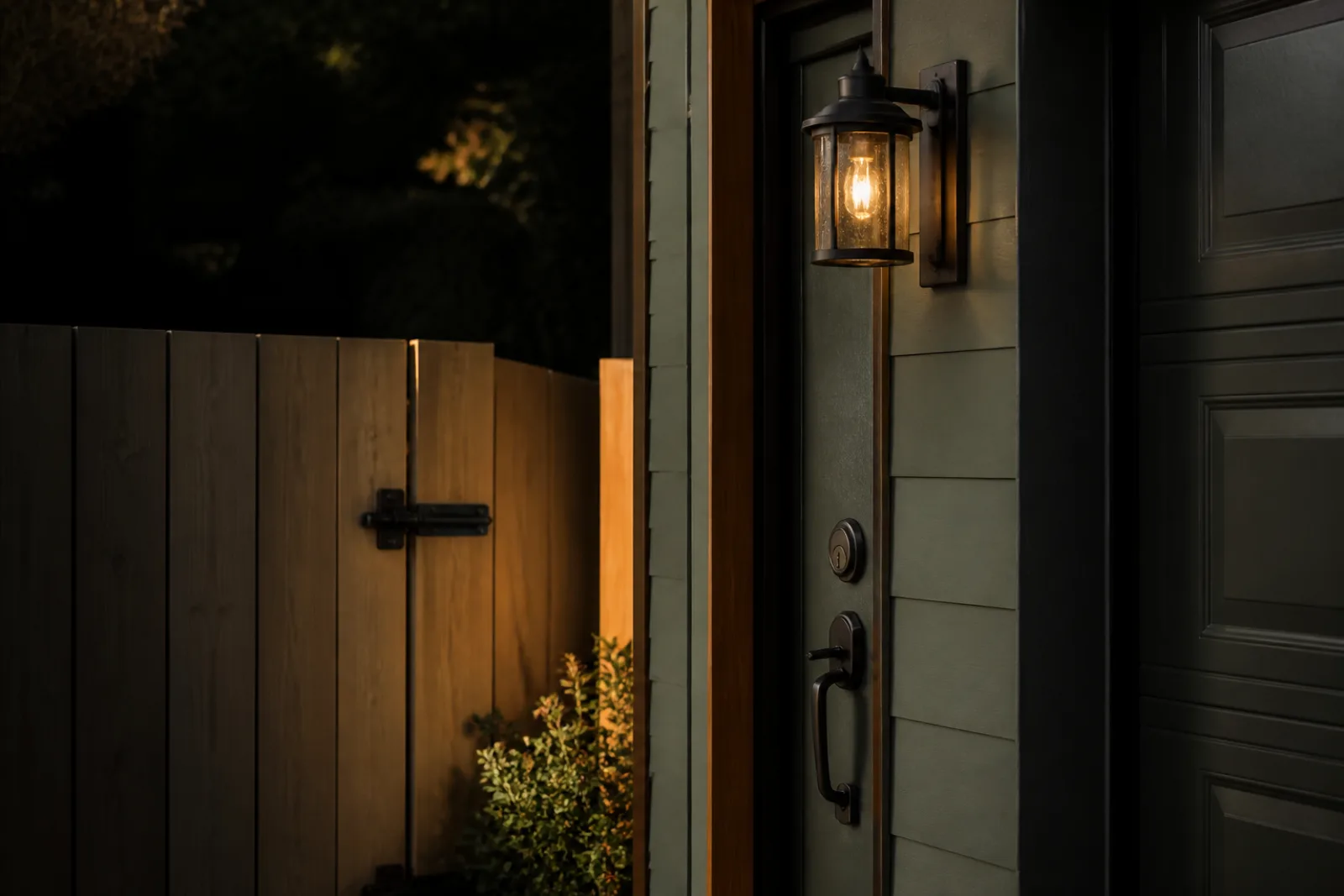 Garage-to-house door, side gate latch, deadbolt, and exterior light shown in a clean residential detail.