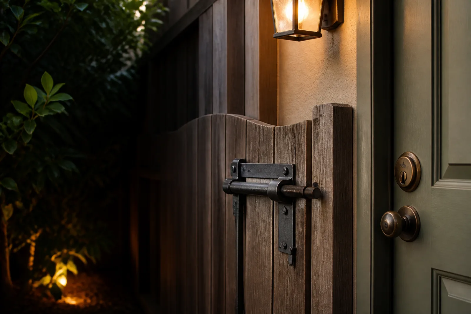 Maintained side gate latch, adjacent house door deadbolt, and exterior light.