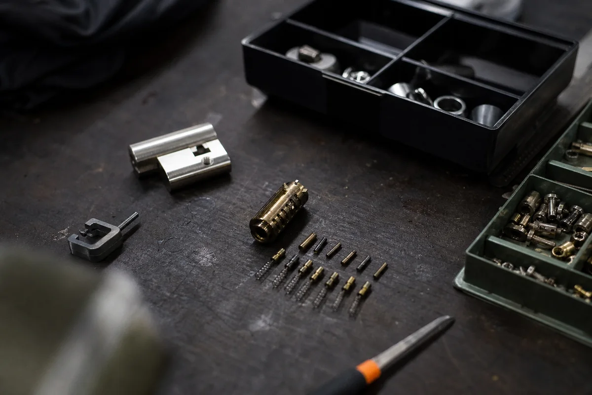 Disassembled lock cylinder with pins and keys on an entryway table near an open door