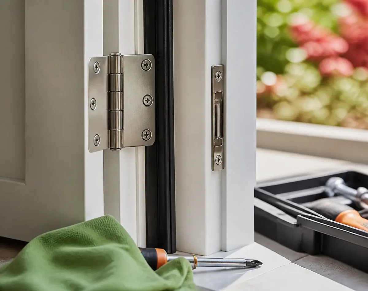 Residential door hinge, weather seal, and lock-side edge inspected in bright daylight with maintenance tools nearby.