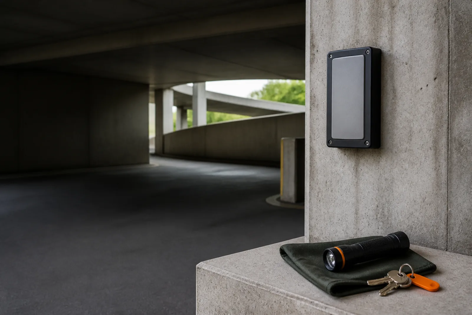 Concrete parking garage access detail with a flashlight and key ring.
