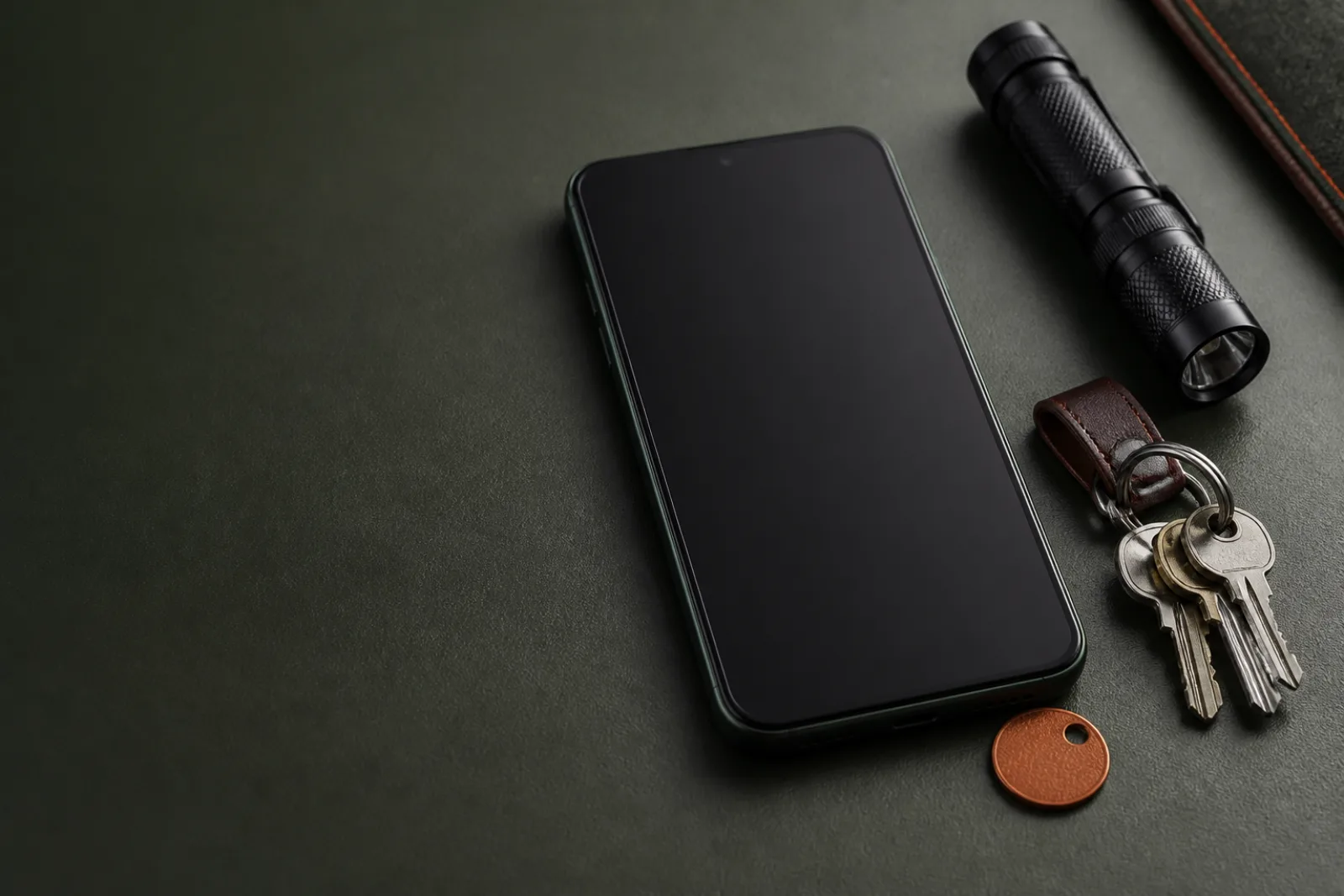 Blank phone, key ring, flashlight, and parking token arranged as dispatch location details.