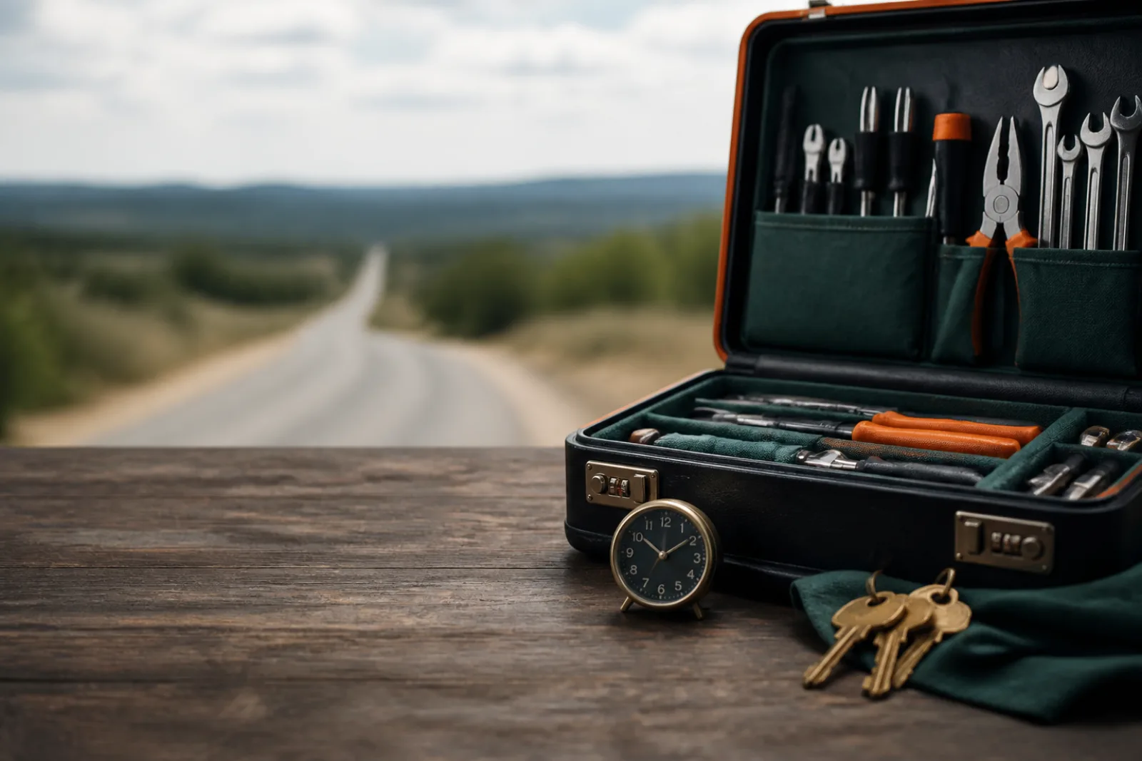 Organized service tool case, keys, and clock with a softly blurred roadway behind.